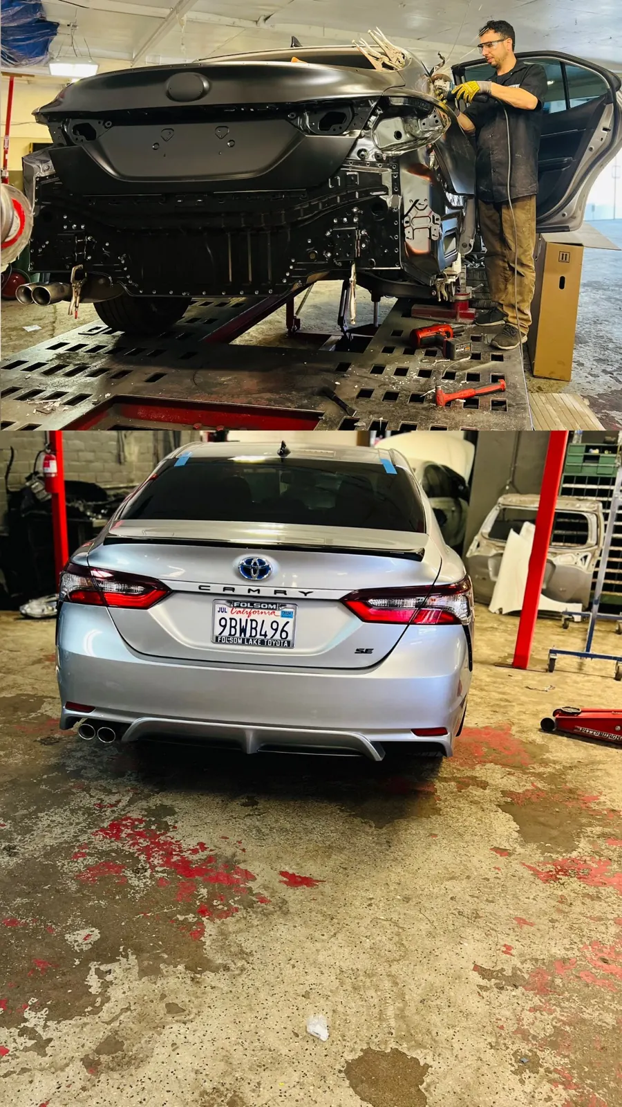 Technician repairing the rear body panel of a sedan