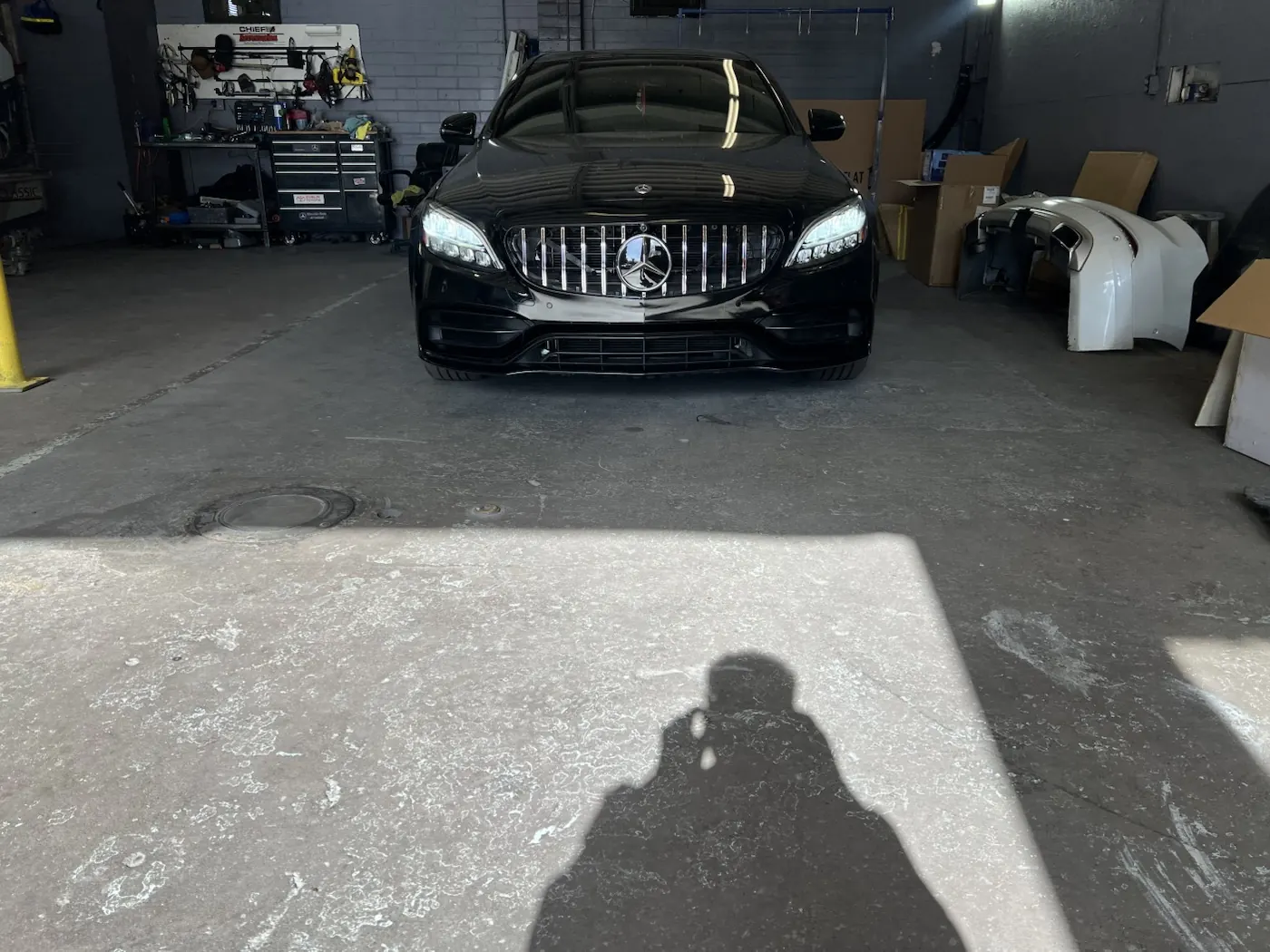 Black Mercedes after front-end body repair