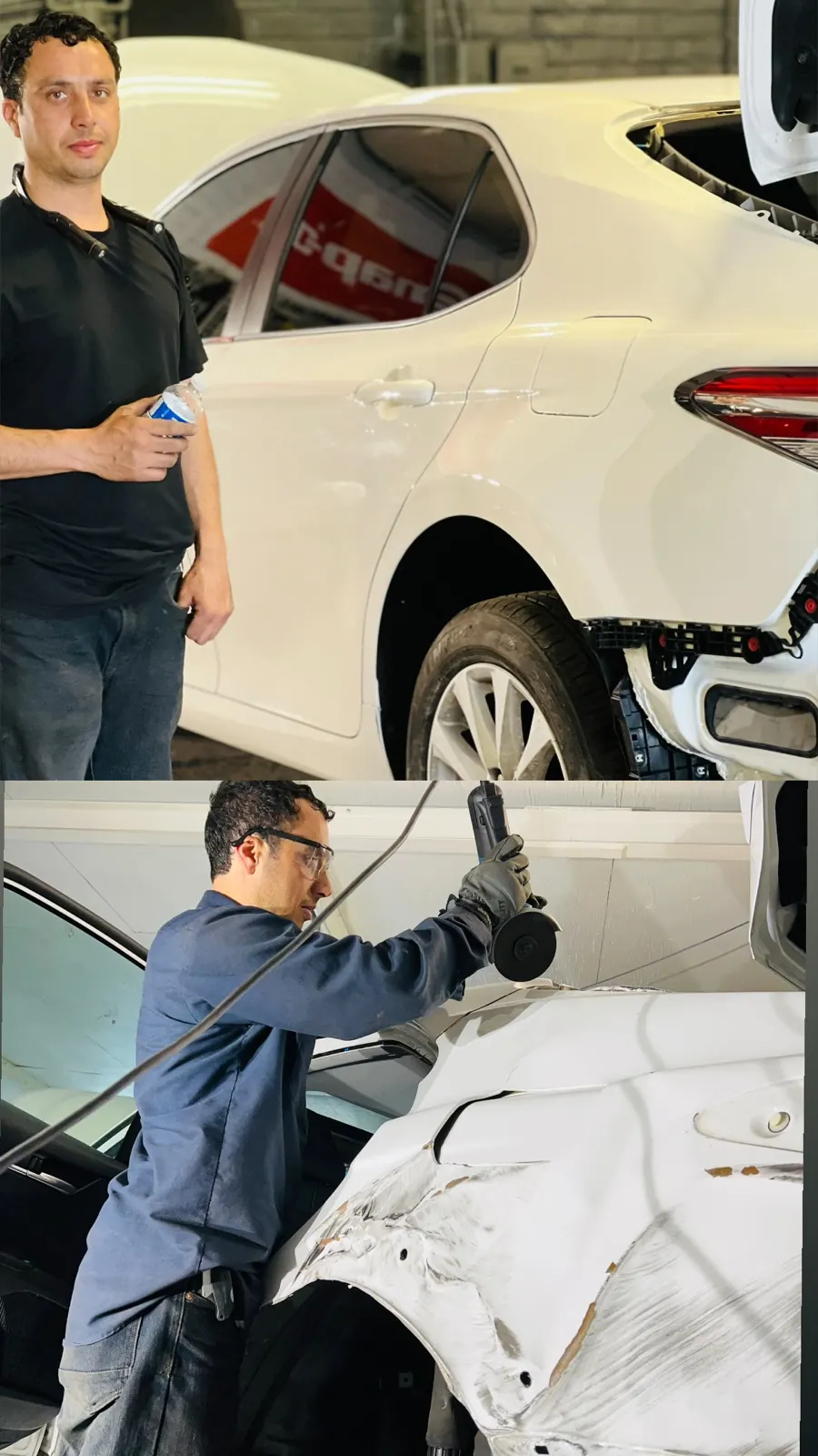 Technician refinishing a white vehicle body panel